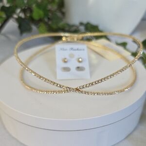 Gold Double Strand Choker Clear Rhinestone and  Earrings Set